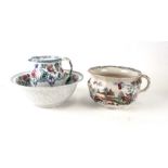 A Mailing Belsay jug & bowl set; together with a Masons Ironstone chamber pot (a/f) (3).