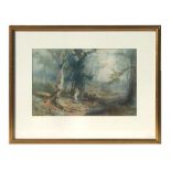 19th century British school - A Wooded Glade with a Figure - watercolour heightened with body