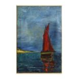 Haja - A Seascape with a Red Sailed Yacht - oil on canvas, signed lower right, framed & glazed, 41