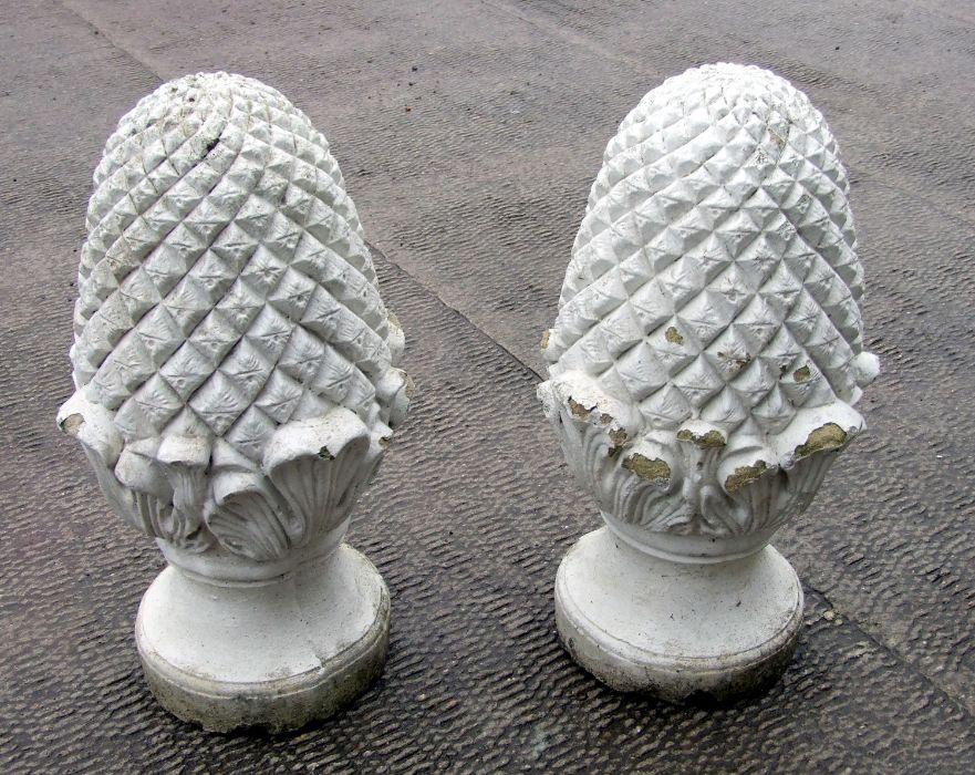 A pair of well weathered painted reconstituted stone pineapple finials, 60cms high (2). - Image 3 of 4