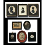 A group fo silhouette portrait miniatures; together with a Baxter coloured print and other items.