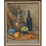 J Faure (?) (mid 120th century school) - Still Life of Fruit, Wine Bottle and a Jug - signed & dated