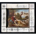 Boucher - Shepherd and Shepherdess by a River - signed lower left, oil on ivory, framed, 9.5 by