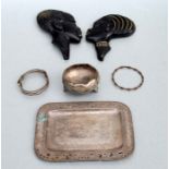 A Chinese white metal card tray, an Eastern white metal bowl, two bangles and a pair of Walter Bosse