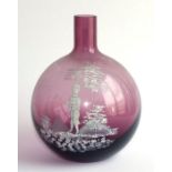 A Mary Gregory amethyst bottle vase decorated with a figure within a landscape, 18cms high; other