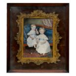 A 19th century portrait miniature group depicting two young girls, Miss Agatha and Miss Eliza,