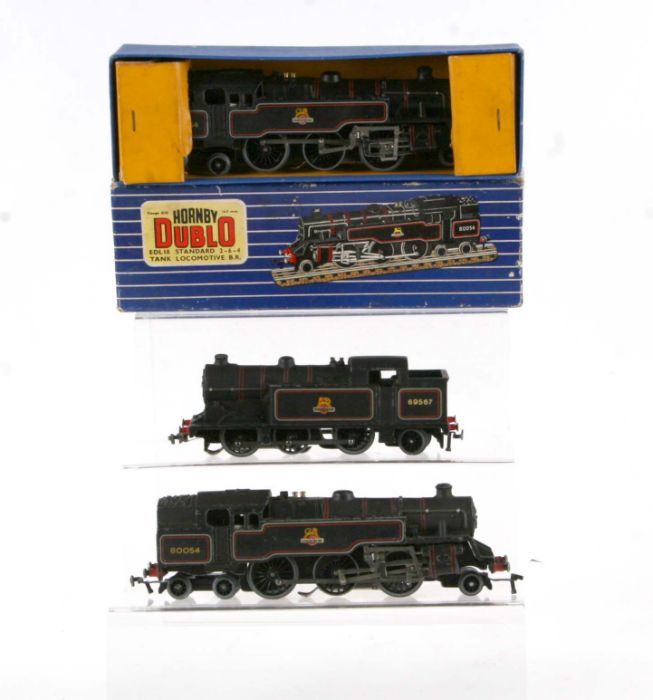 A Hornby OO locomotive and tender EDL18 Standard Class 2-6-4, black BR livery, boxed; and two