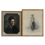 A Victorian print depicting a young lady carrying a basket by Fausto Zonaro, 61 by 48cms; together