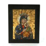An Italian micro mosaic icon of Madonna and Christ inset into a slate panel. 13 by 16.5cm