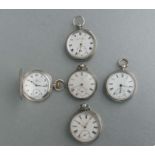 Four silver open faced pocket watches, together with a full hunter pocket watch, various dates and