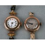 Two early 20th century gold cased ladies wristwatches on associated gold plated and leather