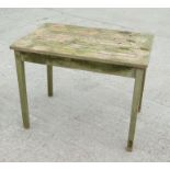 A Lister & Co well weathered Burma teak garden table, 91cms wide.