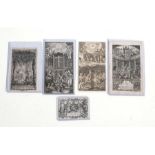 Five late 17th / early 18th century woodcut prints depicting religious scenes to include In the