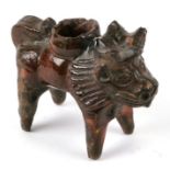 A glazed pottery vessel in the form of a lion wearing a crown (possibly 18th century), 9cms high.