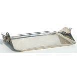 A silver plated rectangular tray with horse head handles, 68cms wide.