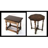 An oak joint stool, 48cms wide; together with an oak octagonal occasional table with carved top,