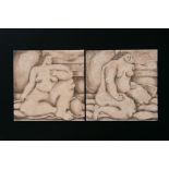 A pair of Pauline Hughes ceramic panels decorated with nude figures of women, 33cms square (2).