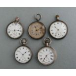 Five silver open faced pocket watches, various dates and makers (a/f) (5).