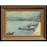 R Young (modern British) - Harbour Scene with Boats in the Foreground - oil on board, signed lower