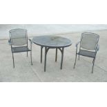 A pair of wirework conservatory or garden chairs; together with a similar table (3).