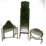A mahogany Cheval mirror; together with a mahogany toilet mirror and a walnut triptych dressing