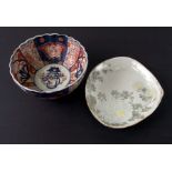 A Japanese shell shaped dish decorated with chrysanthemums with six character red mark to the