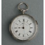 A late Victorian silver chronograph open faced pocket watch, the white enamel dial with Roman and