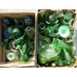 A quantity of green pressed and moulded glass to include hyacinth and tulip vases and a pair of