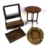 A small Indian inlaid hardwood occasional table, a 19th century mahogany toilet mirror, a two
