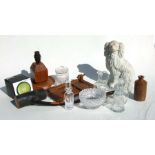 A quantity of treen, ceramics and glass to include a treen goblet, a Staffordshire flatback spaniel,