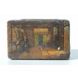 A Victorian toleware chocolate tin, the lid decorated with an interior room scene with a gentleman