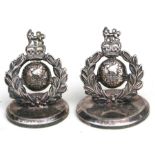 A pair of silver plated menus stands with Royal Marine crests. 4cm high