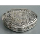 An 18th century German white metal snuff box with embossed scene to the lid, stamped 'SV' to the