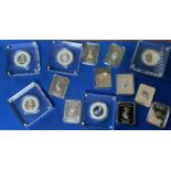 Beatrix Potter silver proof 50ps (5) & plated ingots (9) - Coloured proof 50ps, boxed with COAs as