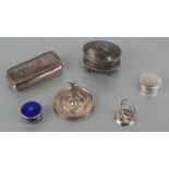 A silver ring treen, three silver boxes, a silver menu stand and a silver trinket box (6)Condition