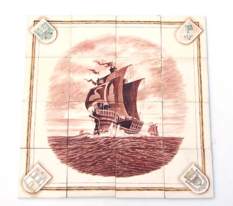 A group of sixteen Meissen tiles depicting a three-masted galleon in rough seas, with Heraldic