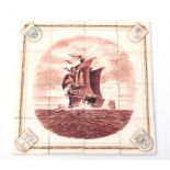 A group of sixteen Meissen tiles depicting a three-masted galleon in rough seas, with Heraldic