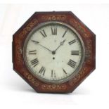 A 19th century wall clock, the white painted dial with Roman numerals, in an inlaid mahogany