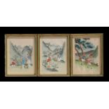 A set of three Chinese paintings on silk depicting peasants working, framed & glazed, each 11 by