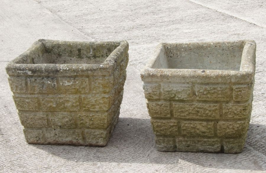 A pair of reconstituted stone square planters 32cm wide