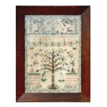 An early 19th century sampler by Hannah Ellen Cresswell with birds, insects, animals, tree of