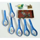 A group of six Chinese famille rose spoons; together with a cloisonne rectangular dish; a