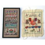 A Victorian sampler by Marion Williams, dated 1889, with alphabet and flowers within a red border,