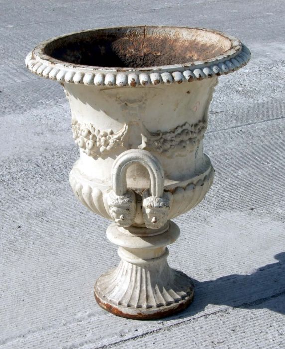 A large Victorian white painted cast iron two-handle Campana vase decorated with fruit swags, - Image 3 of 3