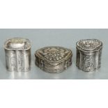 Two antique Dutch silver peppermint boxes; together with an 18th century Ottoman white metal snuff