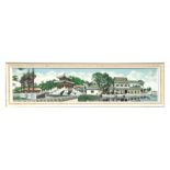 A Japanese silk embroidered picture depicting a panoramic view of a temple, framed & glazed, 106