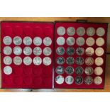 QE II £5 commemorative coins - 46 coins including many in cameo BU; some duplication, housed in 2