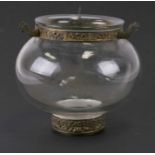 A heavy glass hanging ceiling light with applied gilt metal decoration, 17cms high.