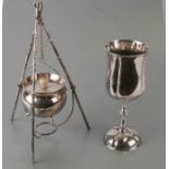 A silver plated cauldron on tripod stand; together with an Adam style silver plated tureen and