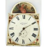 A 19th century longcase 30-hour clock movement and painted dial, the 36cms square arched painted